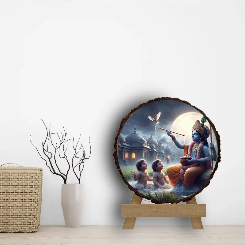 Decorative plate with a religious scene of a figure and children, placed on a stand against a white wall.