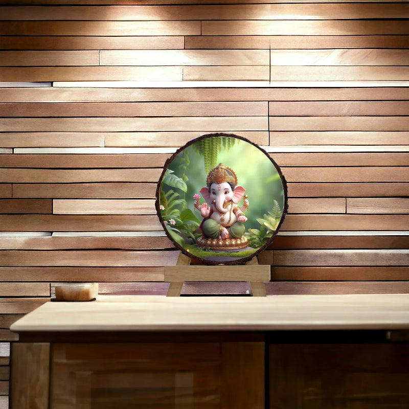 Decorative plate with a Ganesha figure on a wooden surface and wall.