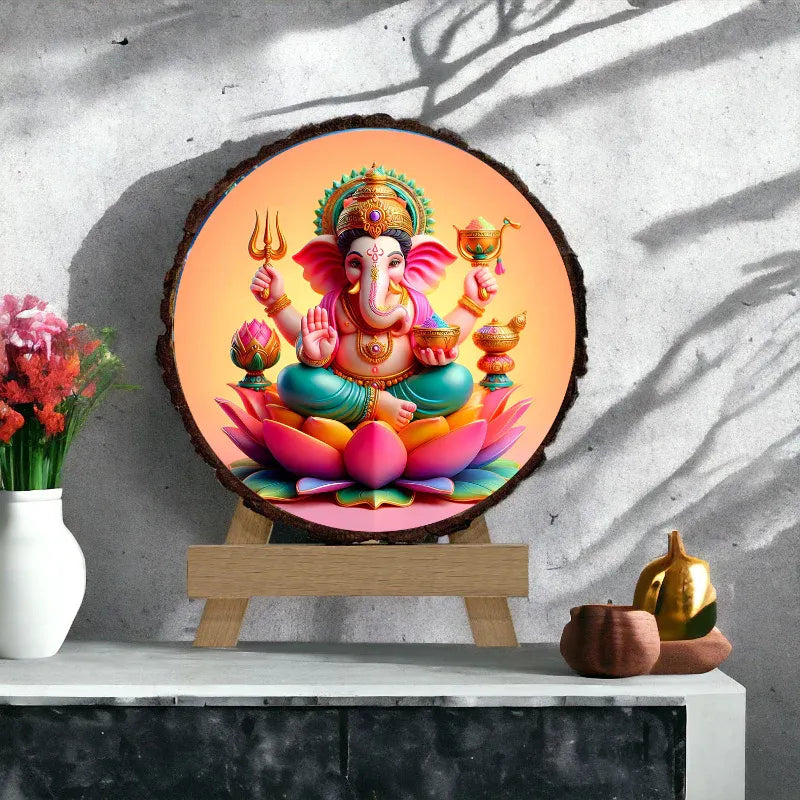 Colorful statue of a deity on a wooden stand with a white vase and decorative items in the background.