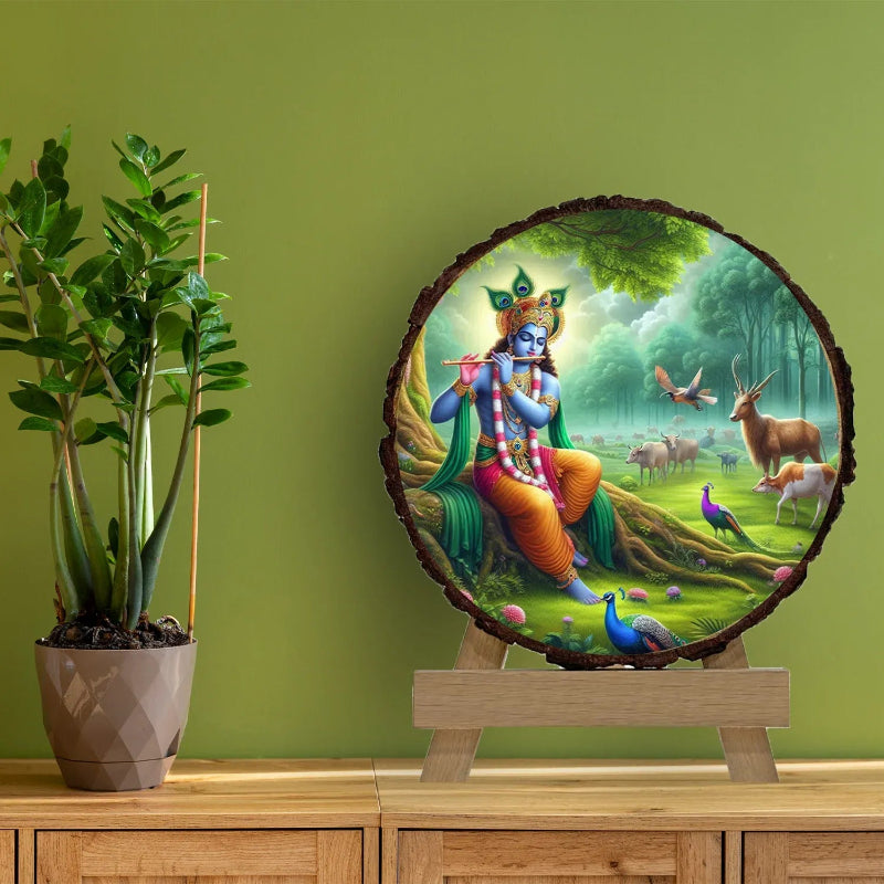 Decorative wall art of a colorful figure in a natural setting on a stand against a green wall.