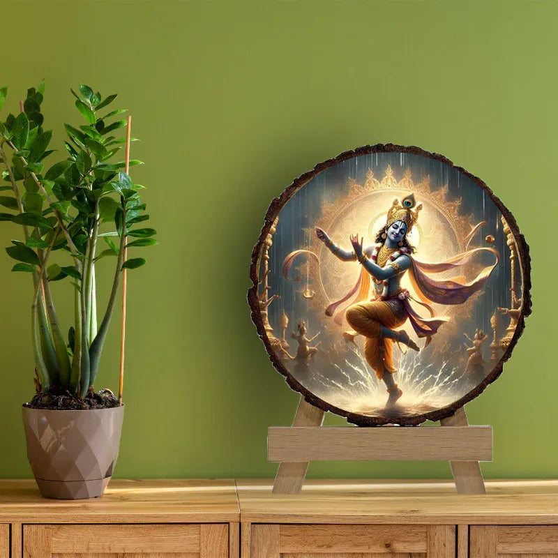 Decorative wall art with a dancer design on a wooden stand against a green wall.