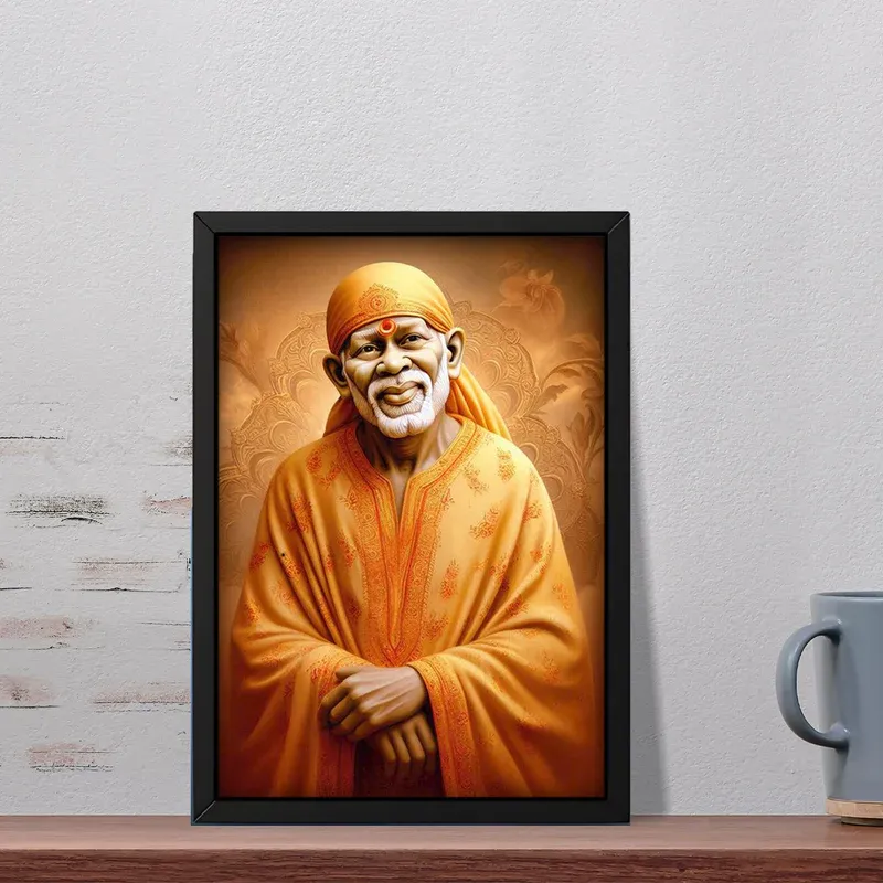 Framed portrait of a person in orange attire on a wooden shelf with a gray mug.
