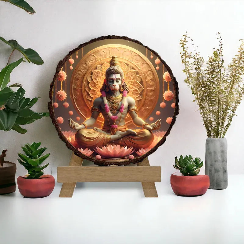 Decorative piece with a seated figure on a wooden stand, surrounded by plants.