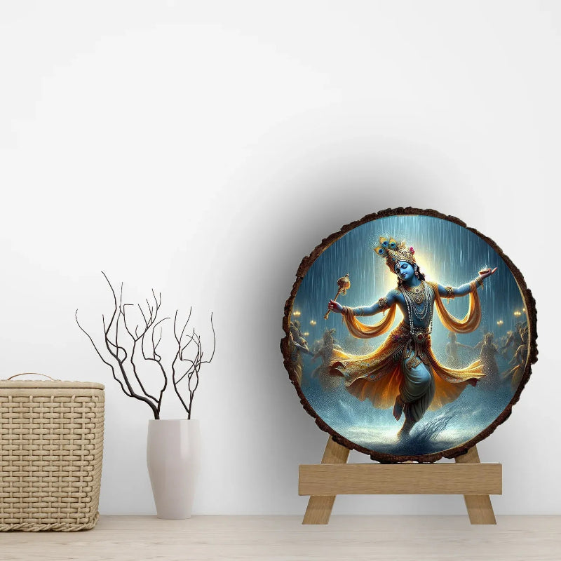Decorative wall art with a celestial figure on a wooden stand against a white wall.