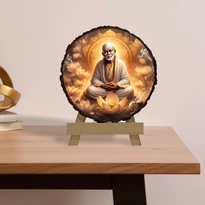 Decorative lamp with a seated figure on a wooden base