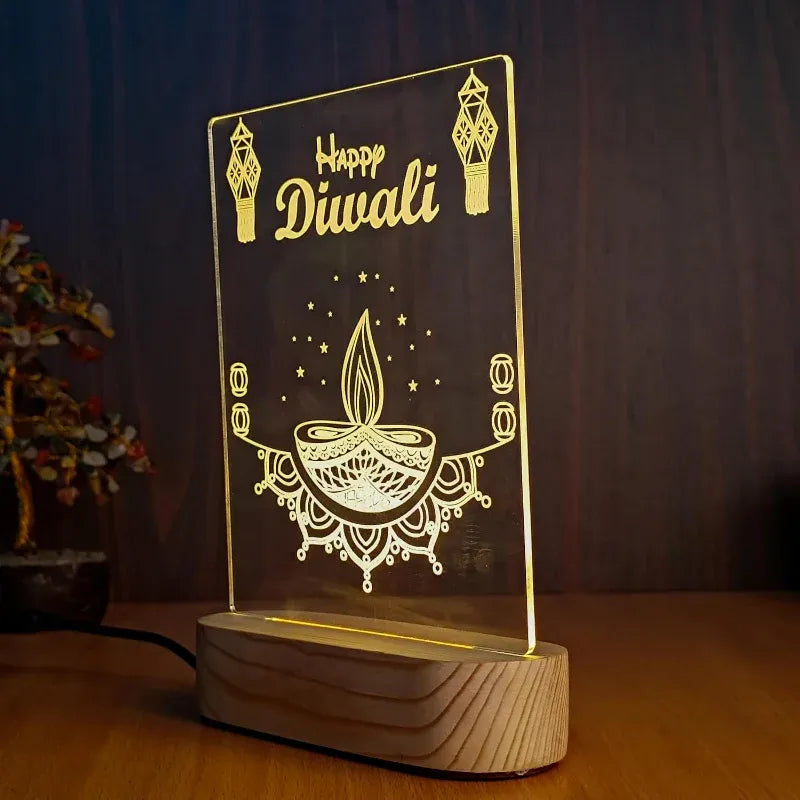 Decorative diwali lamp with 'Happy Diwali' text and Diwali symbols on a wooden base.