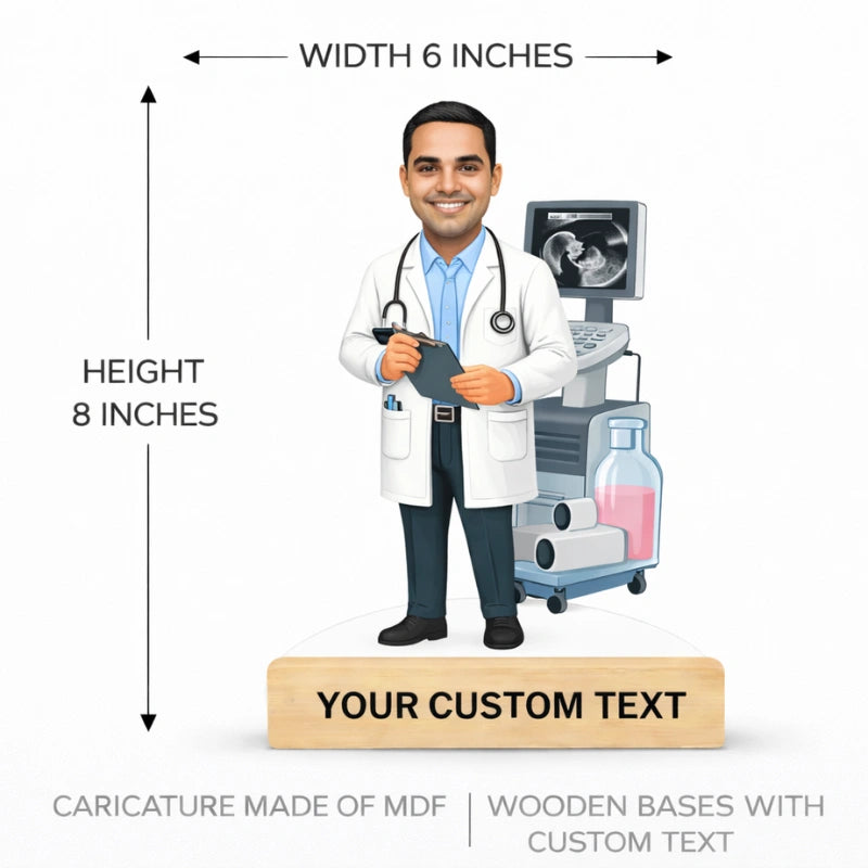 Doctor caricature size 6x8 inches made of MDF with wooden base and customizable text for clinic or office gifting