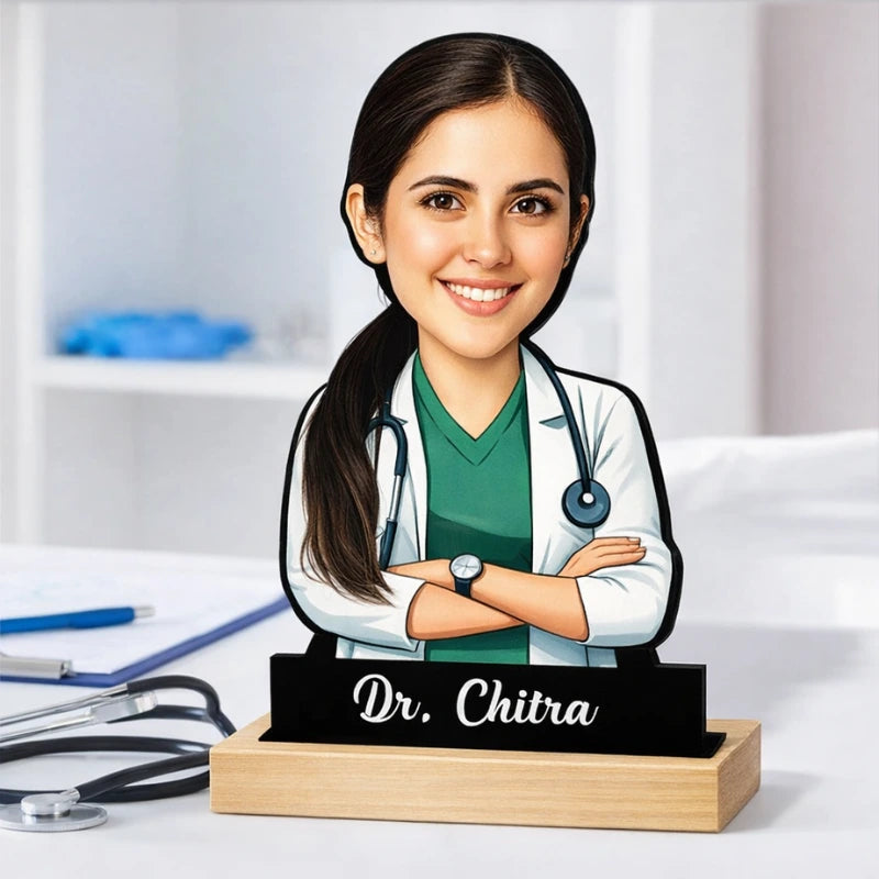 a lady doctor custom caricature on the table with stethoscope
