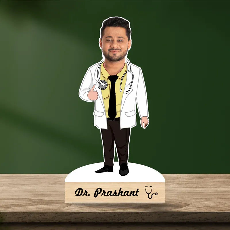 Cartoon-style doctor figurine with a nameplate on a wooden surface and green background