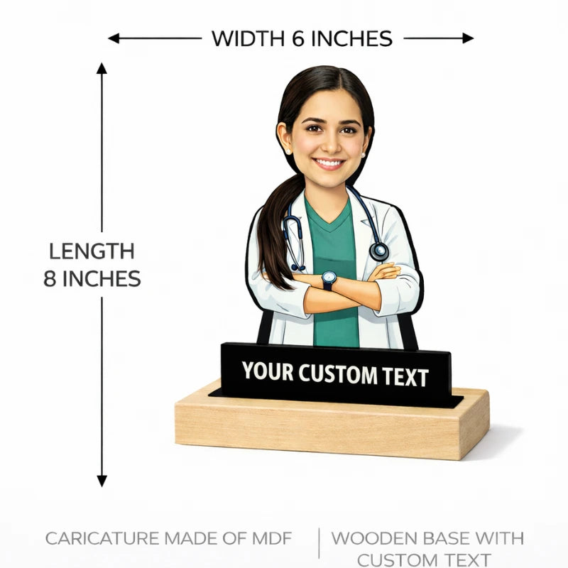 Caricature of a doctor with customizable text on a wooden base, showing dimensions.
