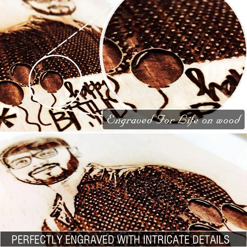 Close-up of intricate laser engraving detail on wooden photo plaque for mother in law – engraved for life on premium wood