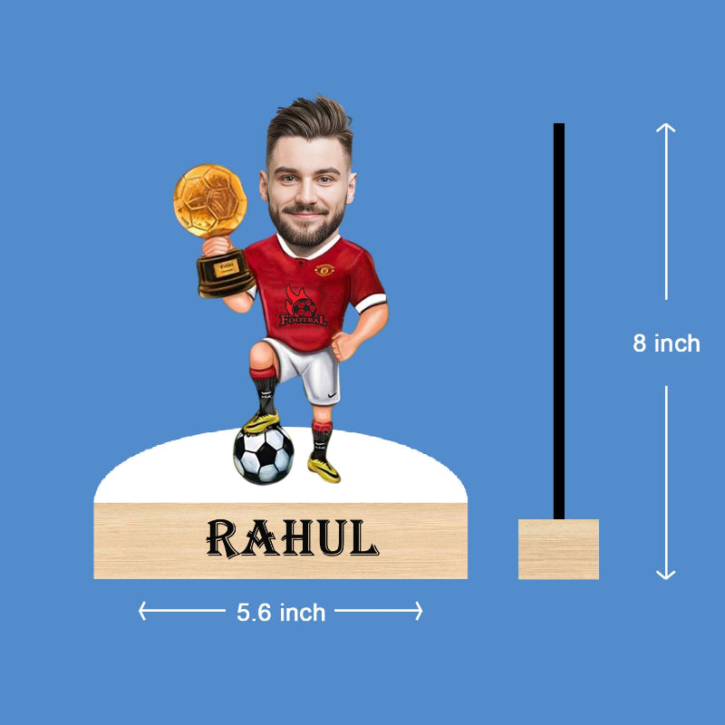 football-themed caricature with a trophy and soccer ball, labeled 'Rahul', on a blue background.