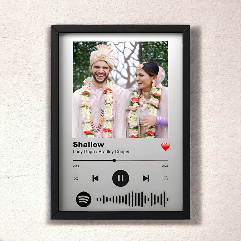 Framed artwork of a couple with a music player interface on a light gray background