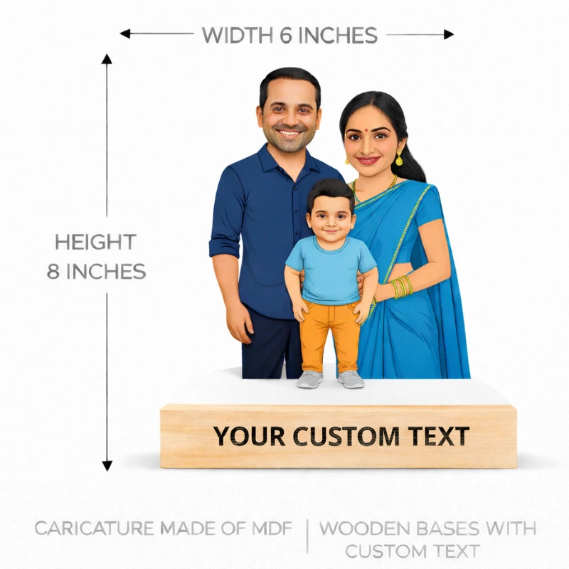 Size reference image of a custom family caricature showing 6 inch width and 8 inch height on a wooden base.