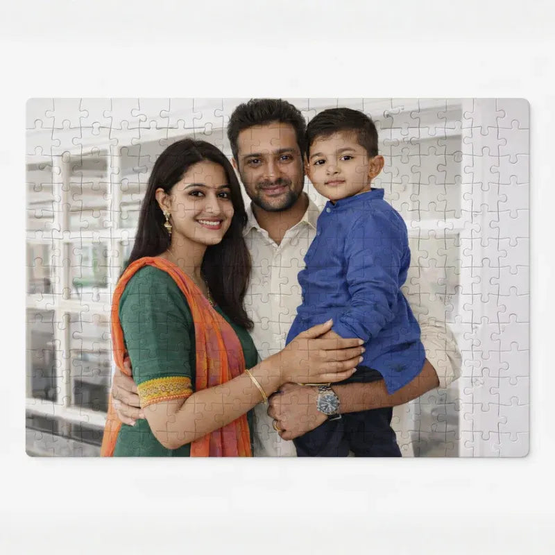 Jigsaw puzzle with a family photo on a white background