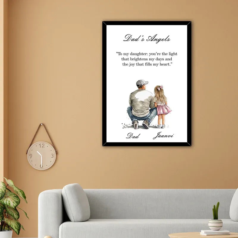 Framed artwork on a wall with a father and daughter illustration and text.