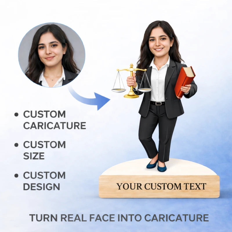 Custom caricature of a woman in a professional outfit with text on a light blue background