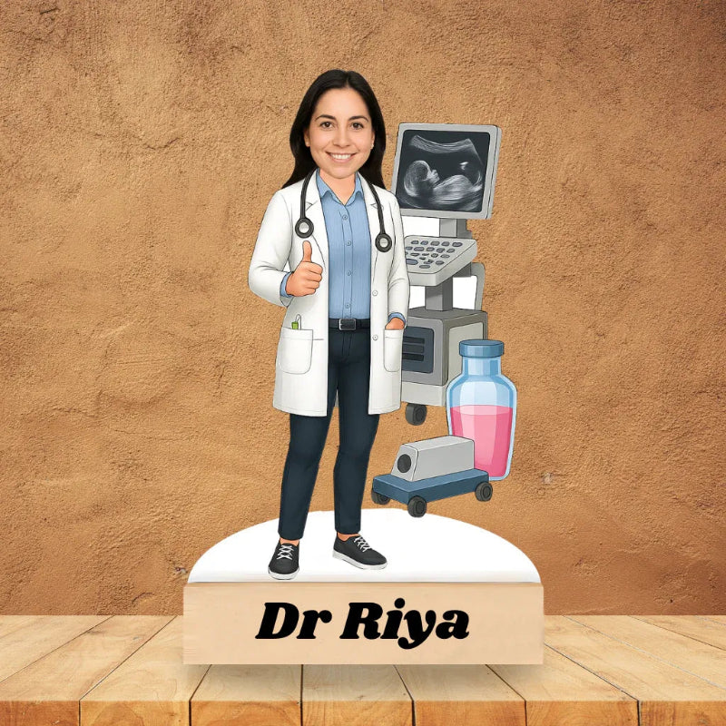 Illustration of a doctor with medical equipment and a bottle on a brown background