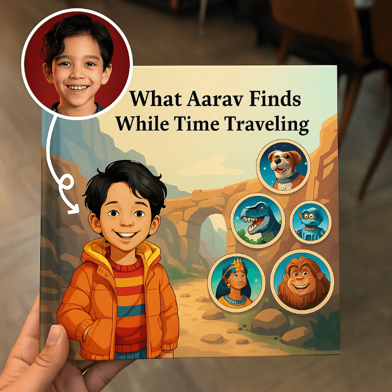 personalised story book cover titled 'What Aarav Finds While Time Traveling' with illustrations of characters and a boy in an orange jacket.