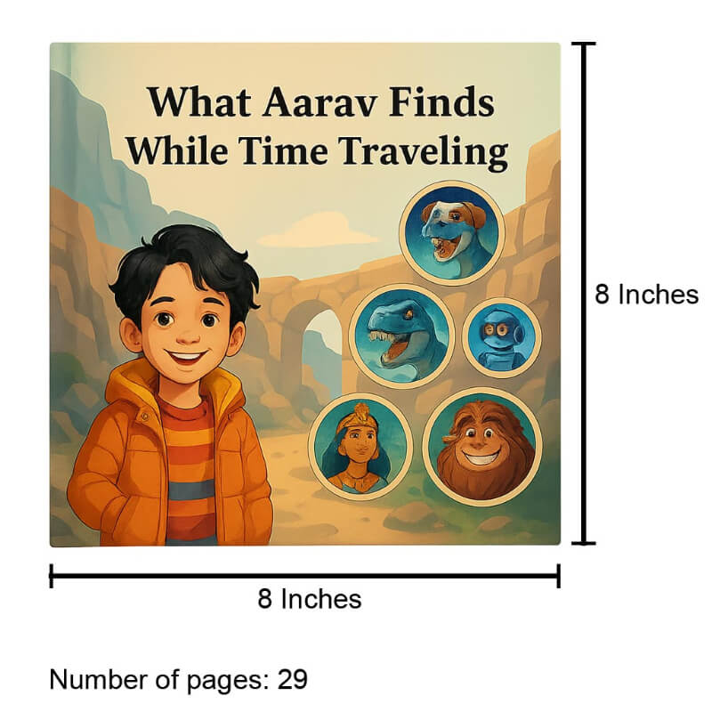 personalised story book for kids cover with a boy and time-traveling characters, labeled 'What Aarav Finds While Time Traveling'.
