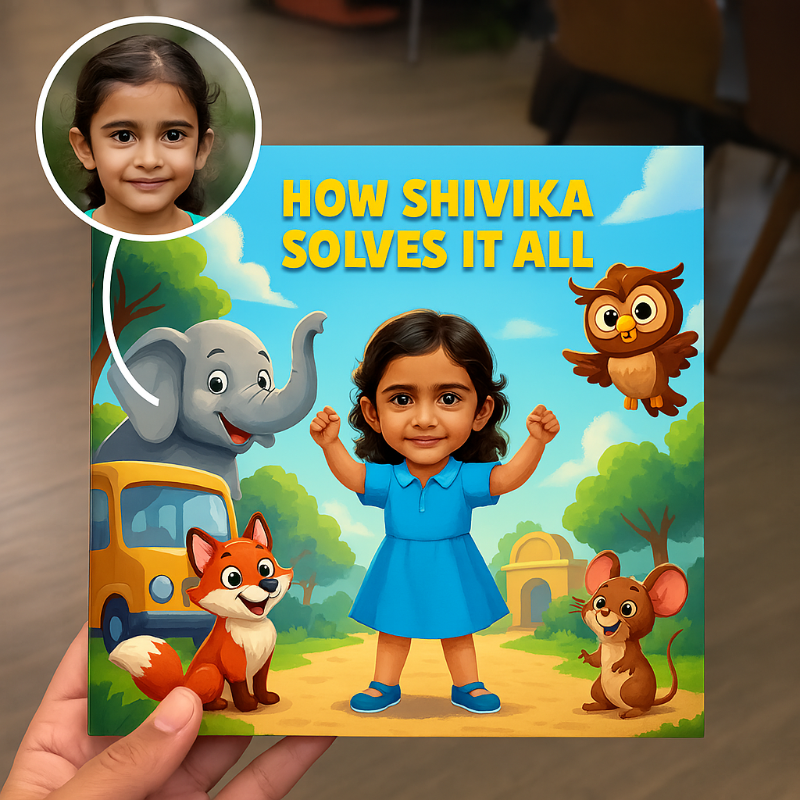 A personalized storybook with a photo of a young girl on the cover, accompanied by illustrated characters such as an elephant, fox, and mouse. The title 'HOW SHIVika SOLVES IT ALL' is visible on the book.