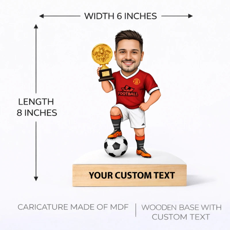 Football caricature 6x8 inches made of MDF with wooden base and custom text, personalized sports desk decor