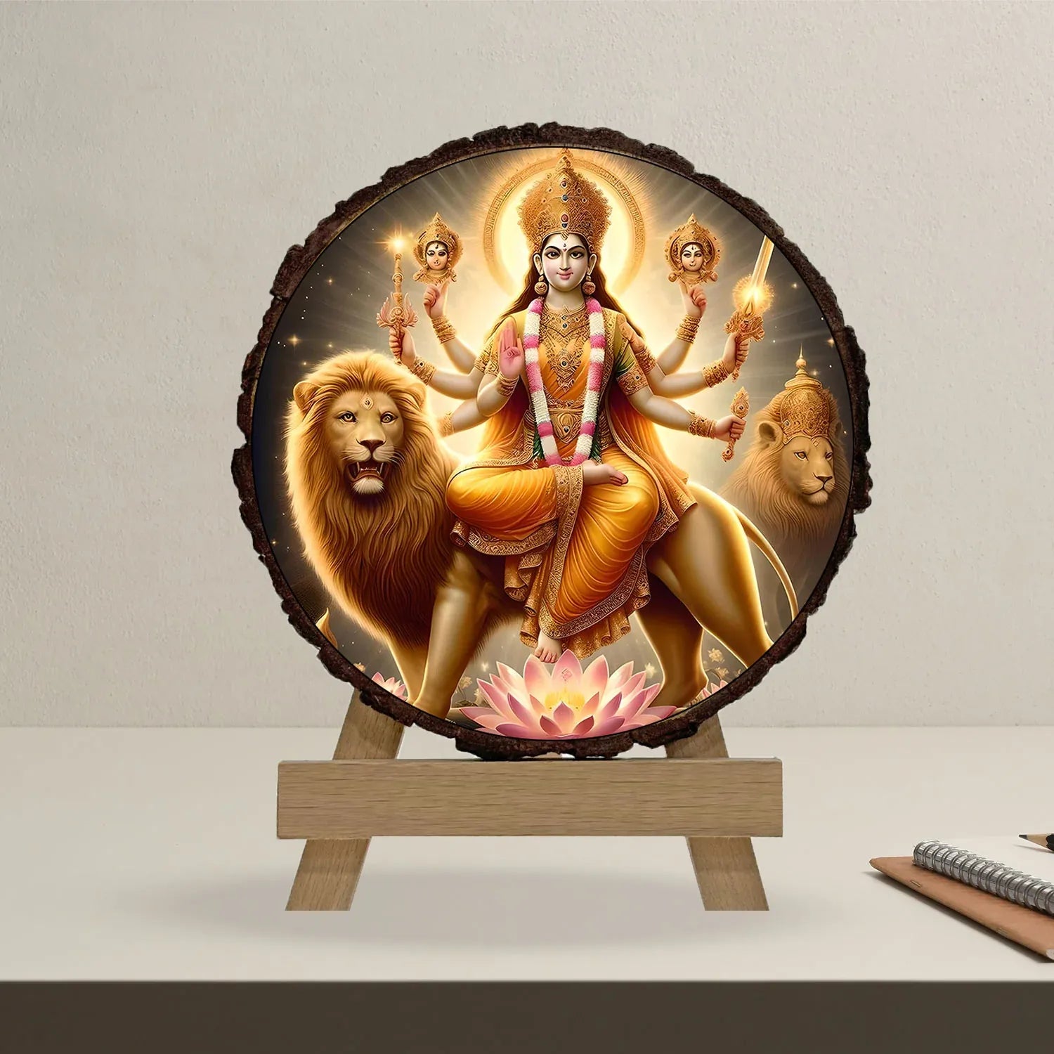 Decorative piece with a figure on a lotus flanked by lions, on a stand against a plain background.