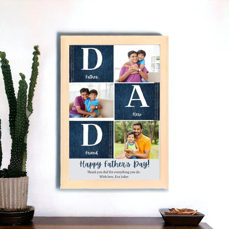 Framed Father's Day collage with family photos and text on a white wall.