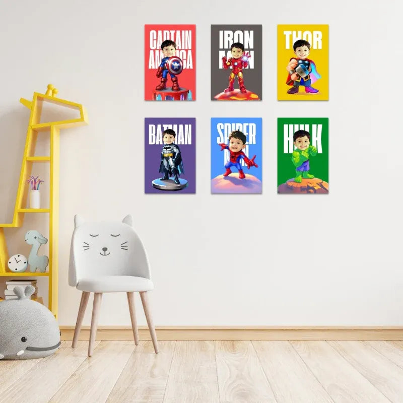 Superhero-themed wall posters on a wall with a chair and shelves in a room.
