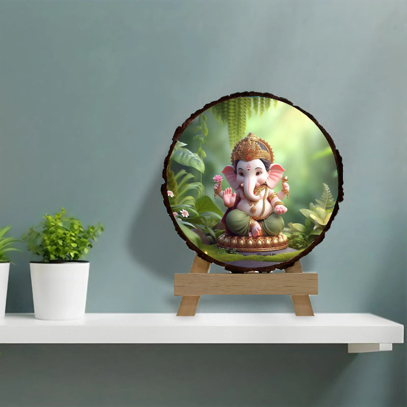 Decorative plate with a colorful depiction of a deity on a stand against a light blue wall.