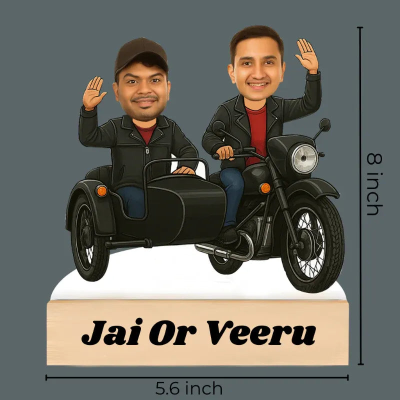 Bobblehead figures of two men on a motorcycle with dimensions and 'Jai Or Veeru' branding.