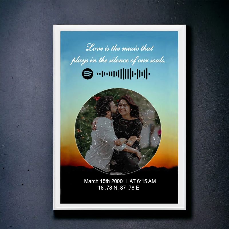 A custom star map frame with a circular photo inset, displaying a couple, and a personalized message including a Spotify code and date. The frame has a white border and is set against a dark background.