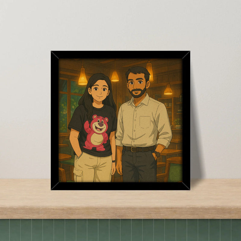 Framed artwork of two people standing together on a shelf.