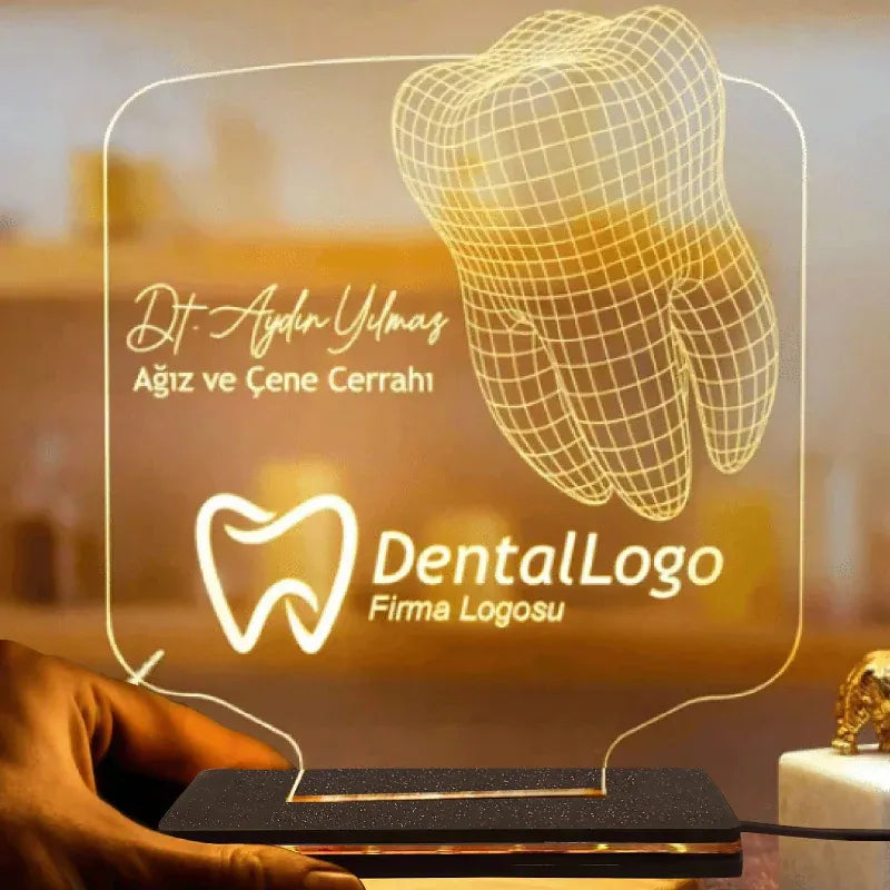 Neon sign of a tooth with 'DentalLogo' branding on a blurred background