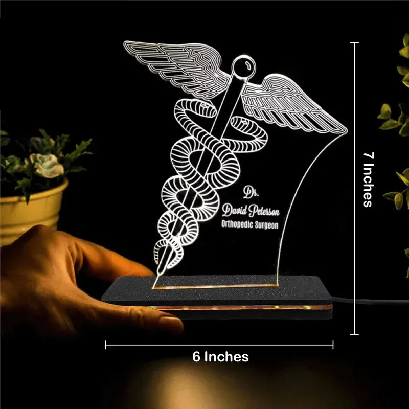 Lighted medical symbol with dimensions and engraving on a dark background