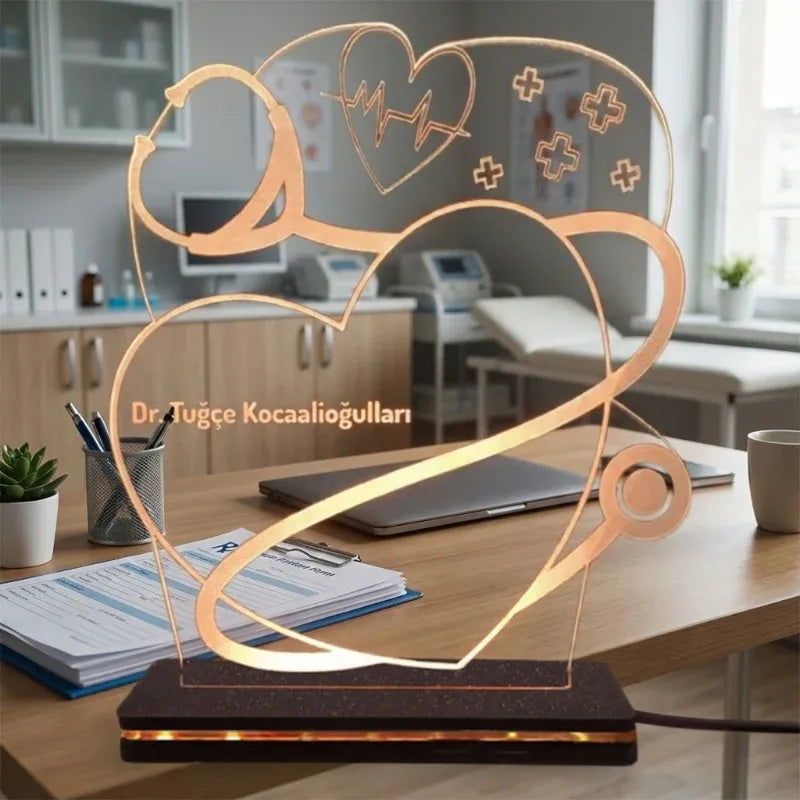 Decorative heart-shaped lamp on a desk with doctor clinic