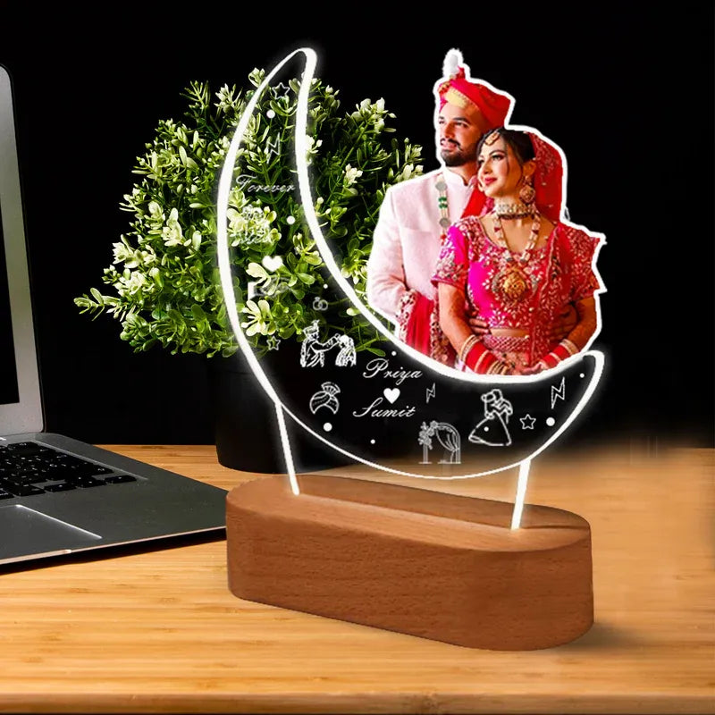 Personalized photo led lamp with wooden base on a desk best gift for couples
