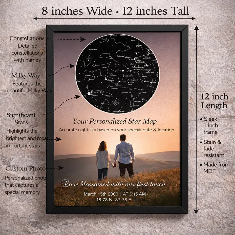 Personalized star map with a couple's photo and details on a textured gray background