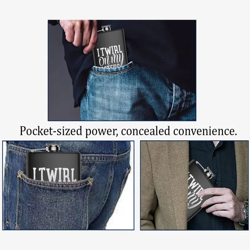 Small power bank with 'LTWIRL' branding held in a pocket and being carried in a coat pocket.