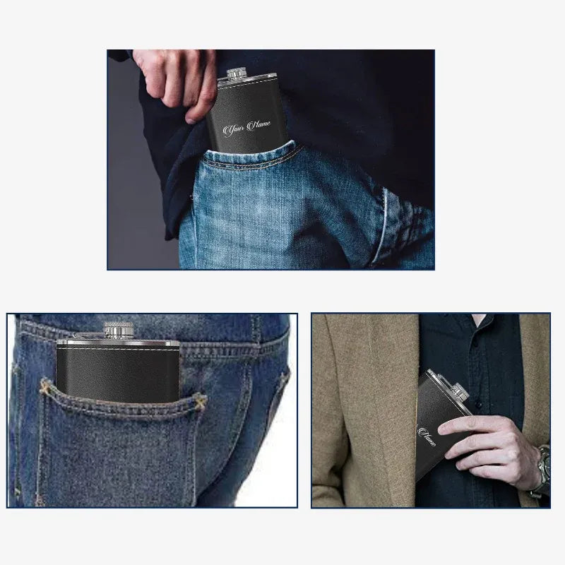 Black flask held in various pockets including jeans, a coat pocket, and a shirt pocket.