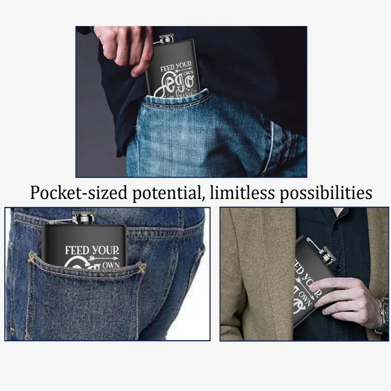 Black flask with 'Feed Your Own' text held in various pockets with promotional text.