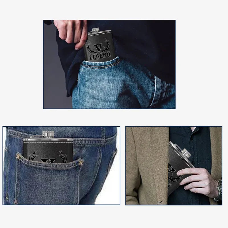 Person holding a flask labeled 'Legend' in various settings.