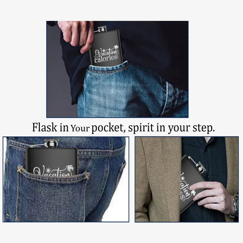 Black flask with 'Vacation Calories' text held in various pockets and by a person.