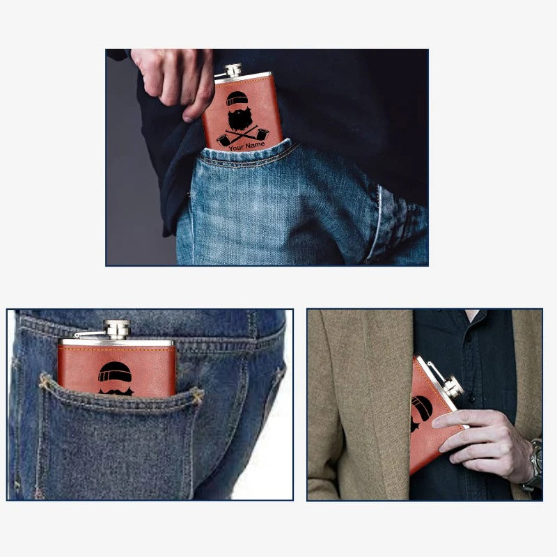 Brown leather flask with skull design held in a pocket, close-up shots.