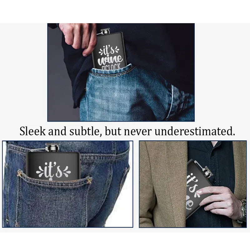 Black flask with 'it's' text held in a pocket, with text 'Sleek and subtle, but never underestimated.'