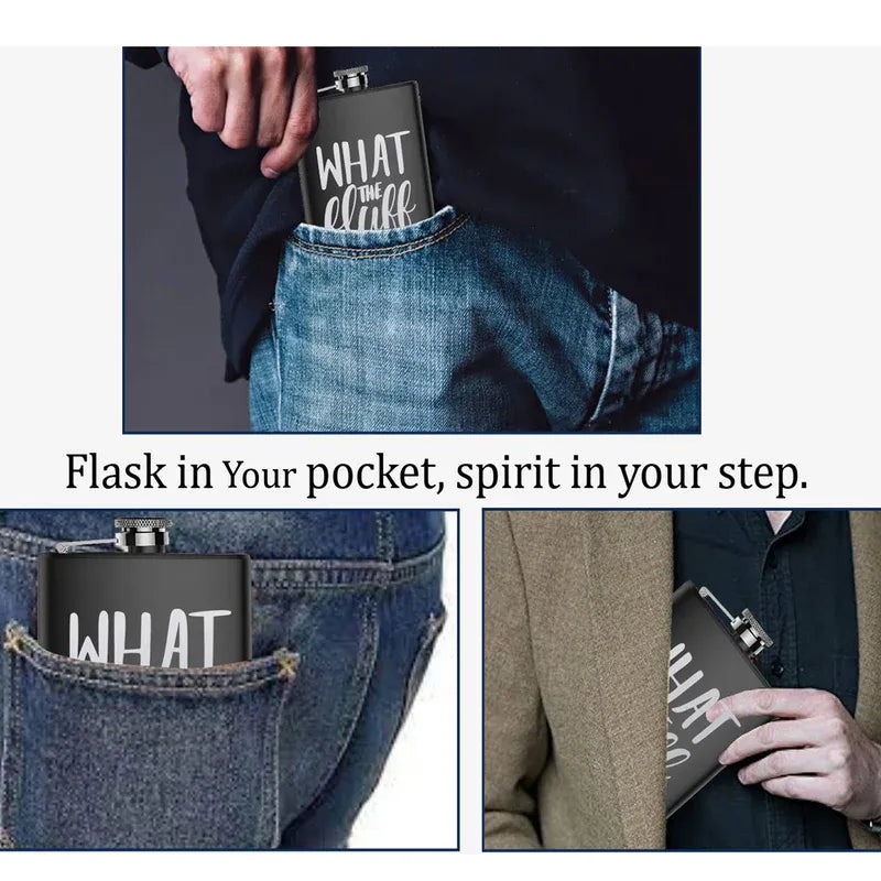 Flask with 'WHAT' text in a pocket, surrounded by promotional text.
