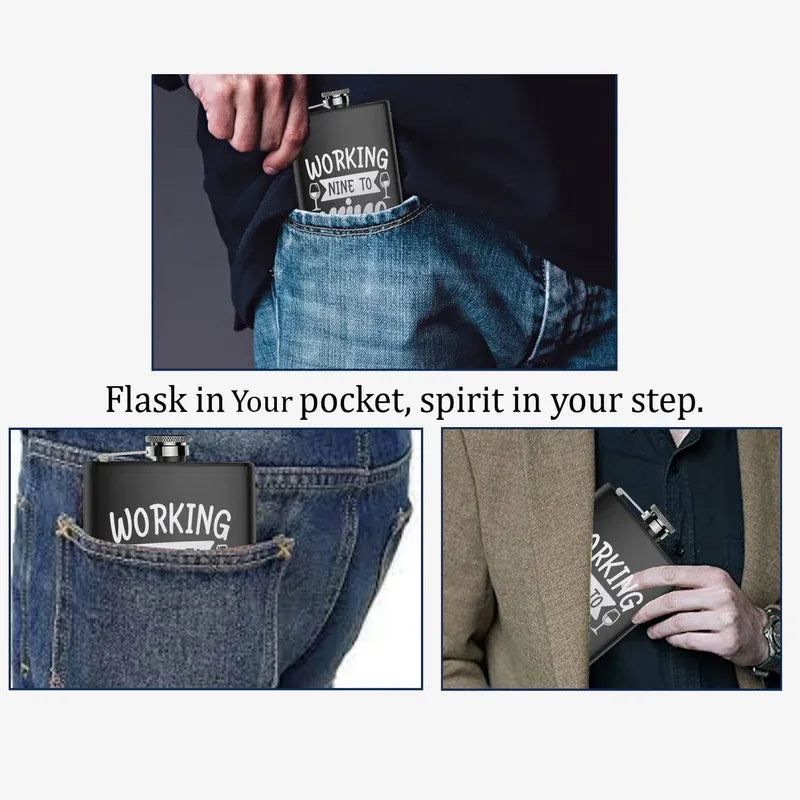 Flask with 'WORKING' text in a pocket, with text 'Flask in Your pocket, spirit in your step.'