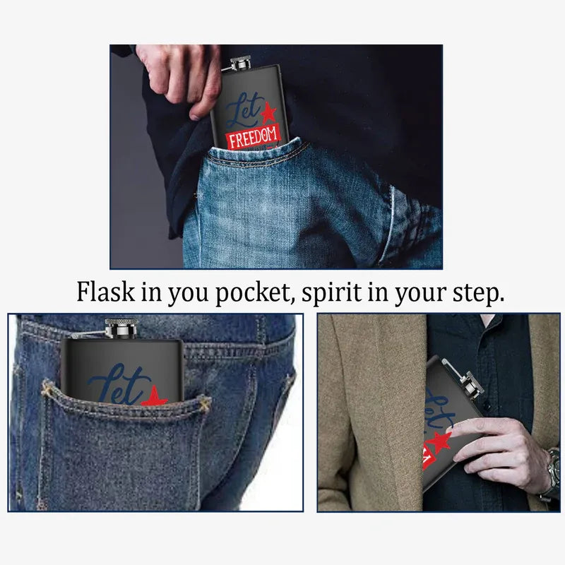 Flask with 'Let Freedom' text held in a pocket, with promotional text overlay.