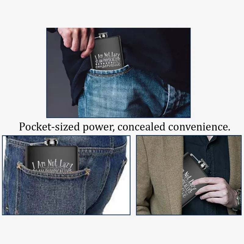 Person holding a small power bank labeled 'I Am Not Lazy' in various pockets with text 'Pocket-sized power, concealed convenience'.