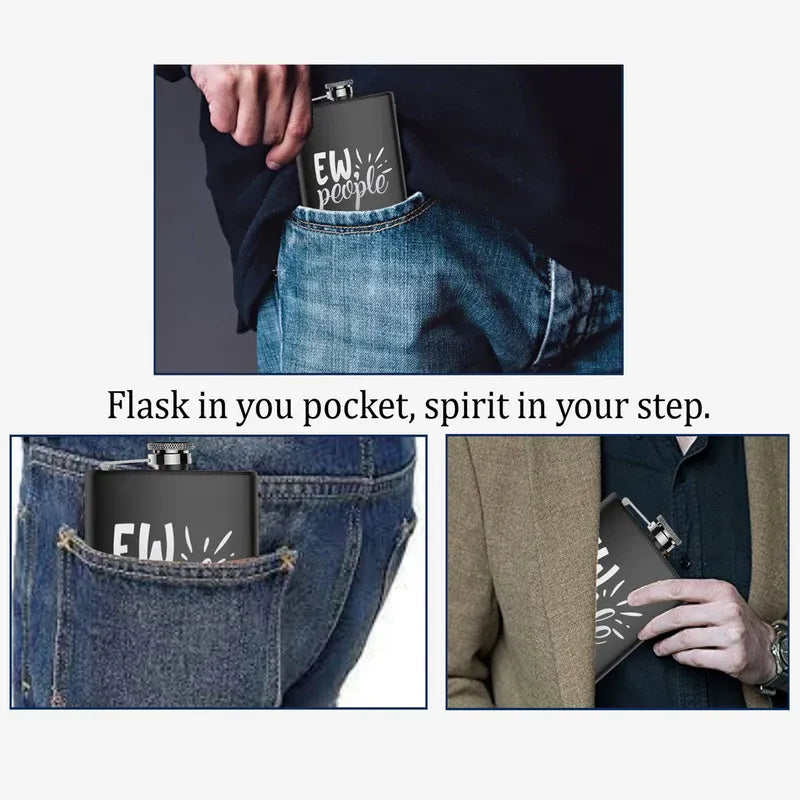 Black flask with 'EW people' text in a pocket, held by a person.
